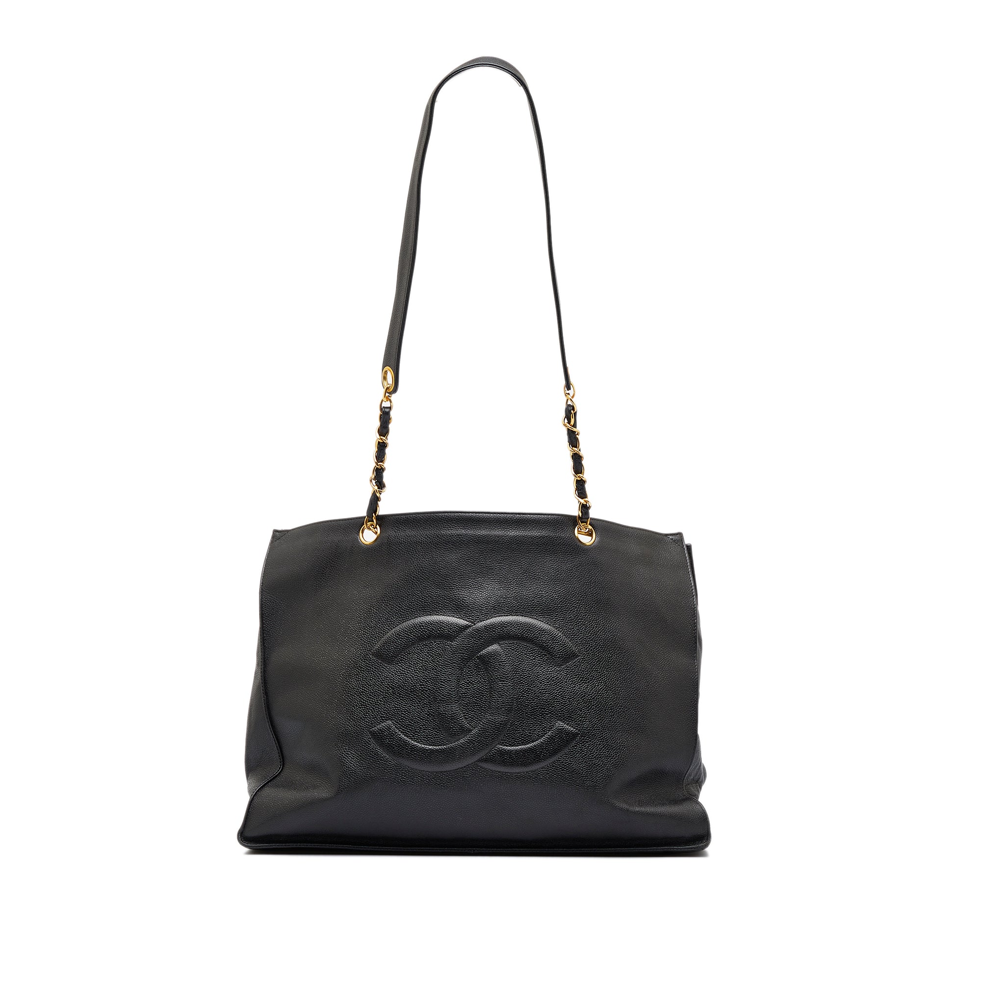 CHANEL Quilted Caviar Leather CC Logo Large Shopper Bag Black