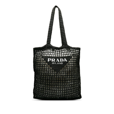 Black Prada Crochet Raffia Logo Tote - Designer Revival