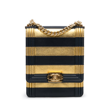 Gold Chanel Paris-New York North South Boy Flap Crossbody Bag - Designer Revival