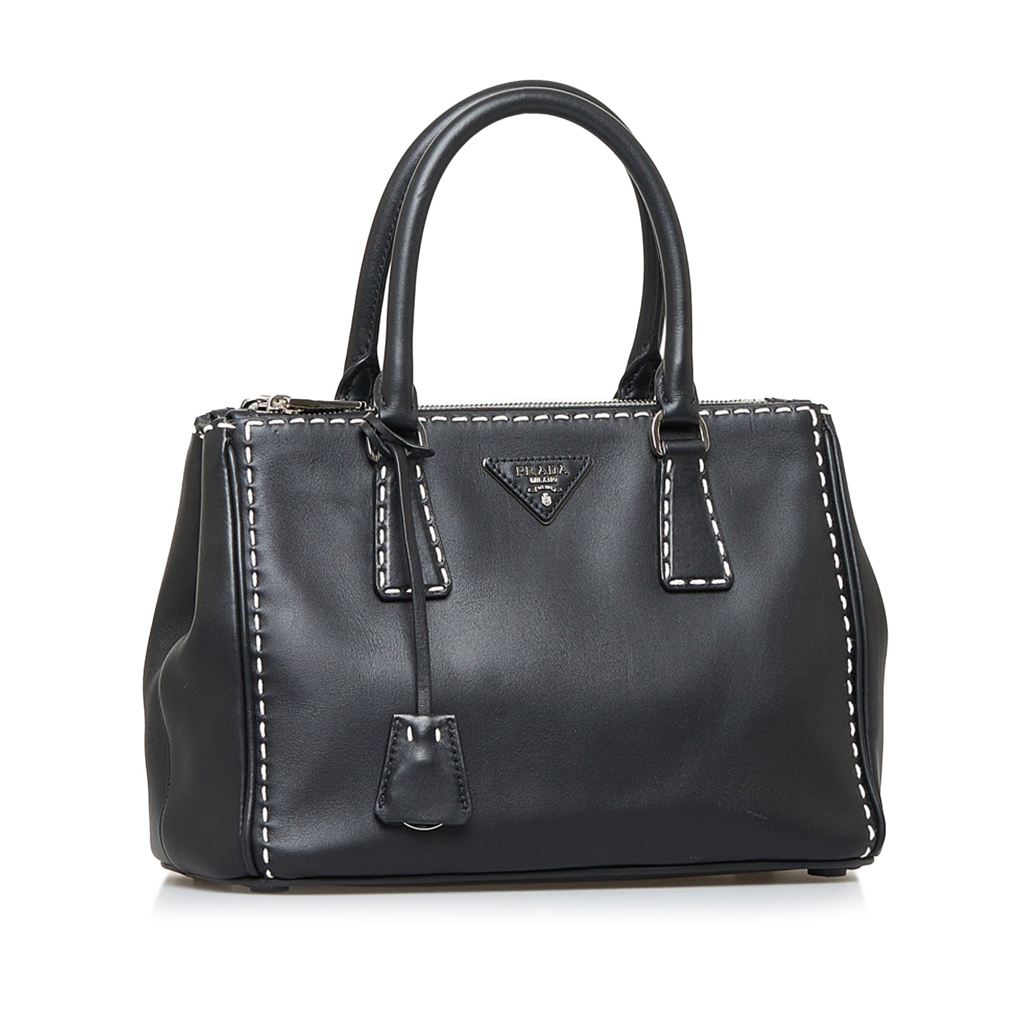 Large Topstitched Leather Tote Bag in Black - Prada