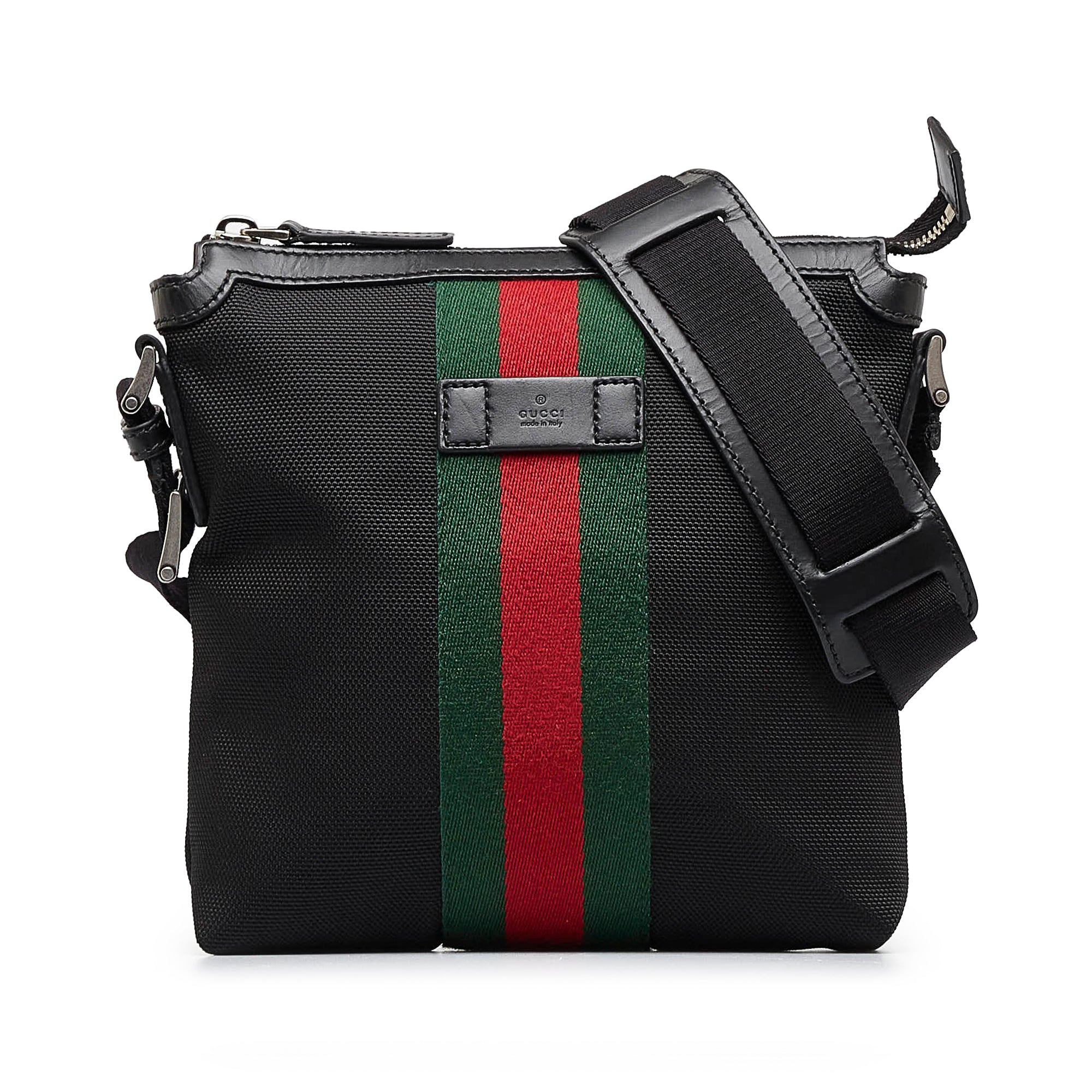 Gucci Techno Web Stripe Black Canvas Leather Trim Waist Belt Bag