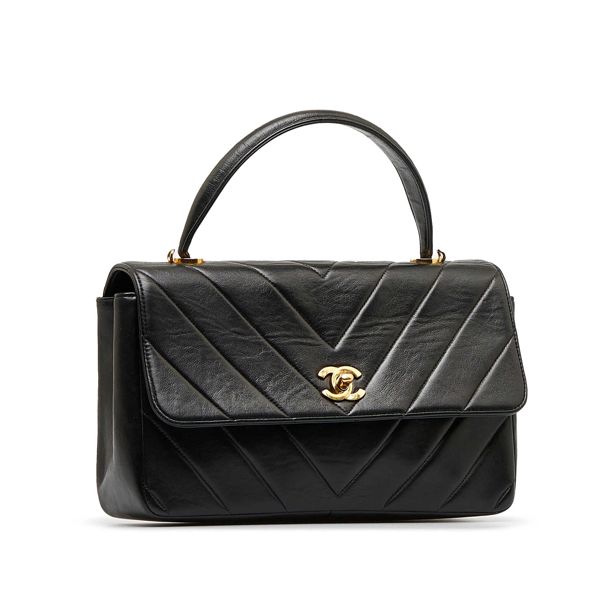 Black Chevron Flap Bag in Quilted Lambskin Leather with Gold tone