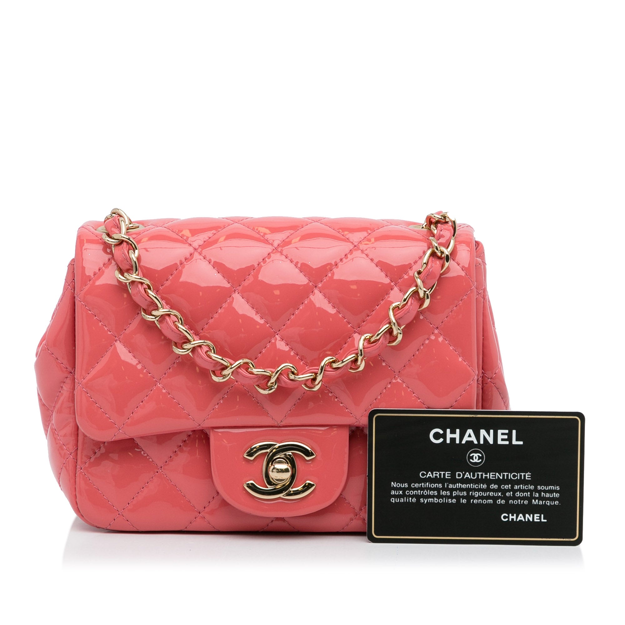 New Chanel Square Flap Beige Quilted Leather Red Patent Chain Shoulder Bag