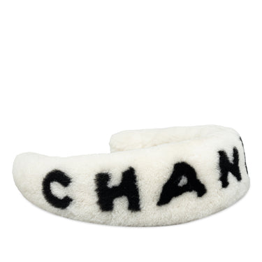 White Chanel Shearling Logo Headband - Designer Revival