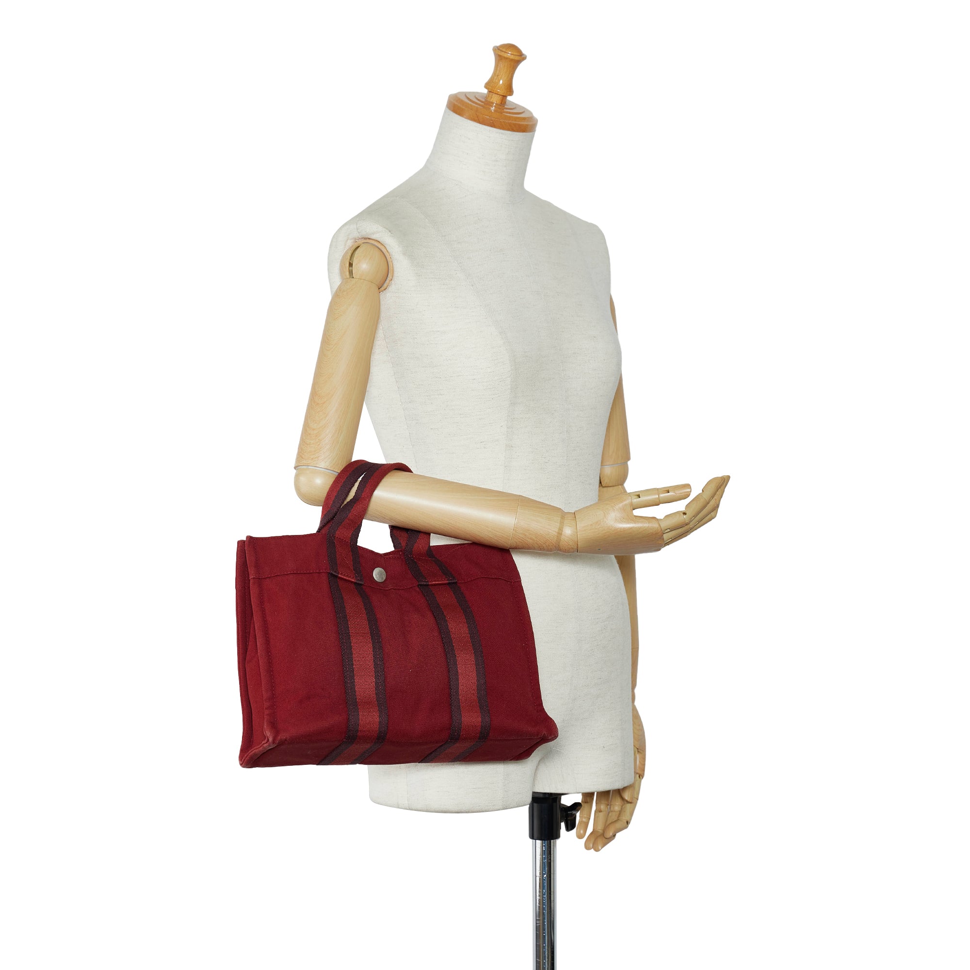 Hermes Fourre Tout Canvas Tote Bag Handbag Satchel Burgundy Red