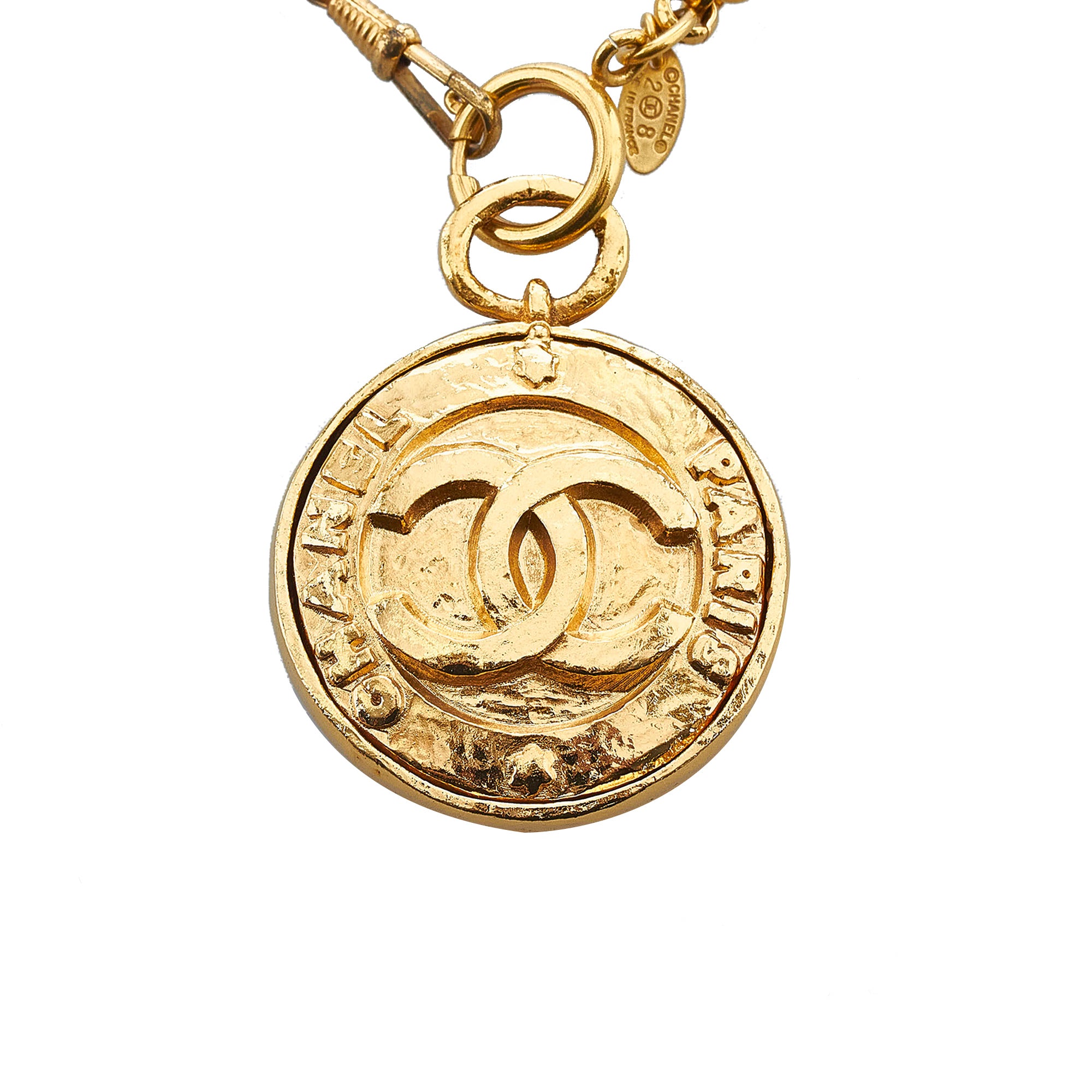Vintage CHANEL CC Logo Coin Medallion Charm Long Necklace 