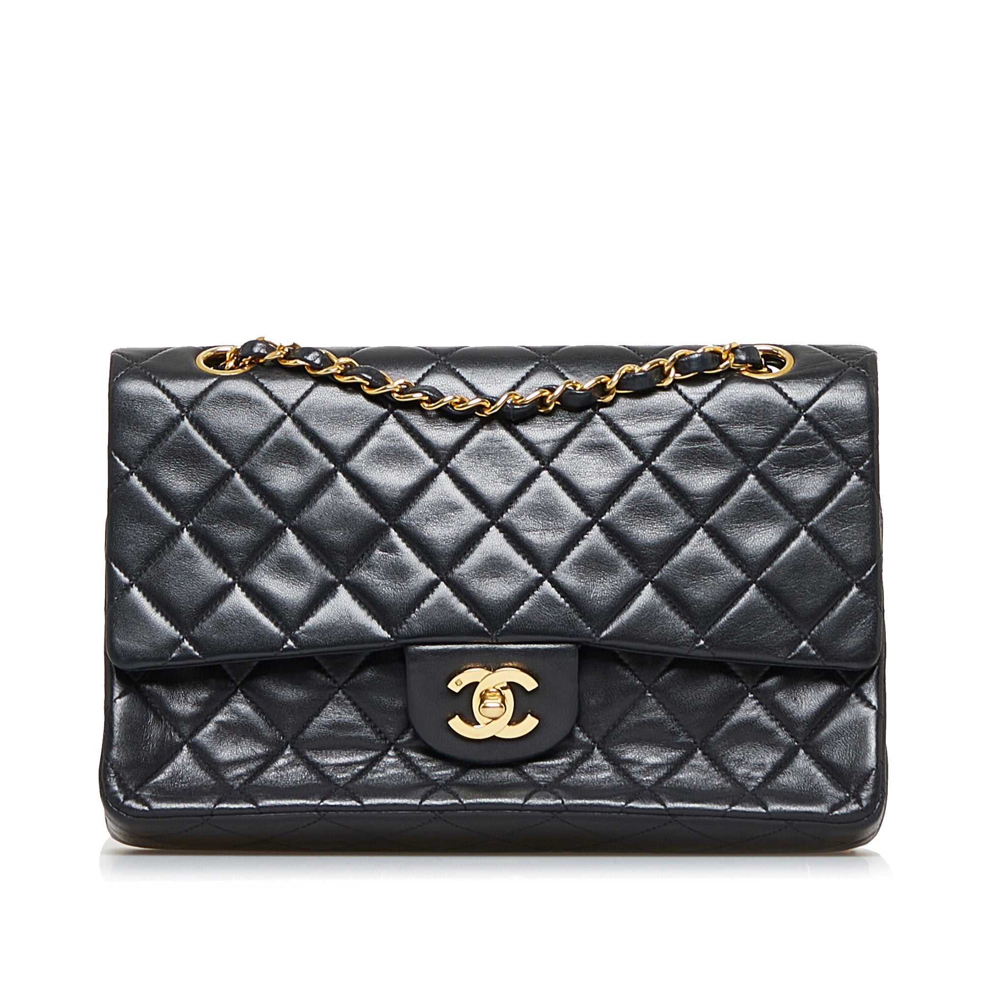 CHANEL Double Flap Black Quilted Lambskin Leather Medium Shoulder