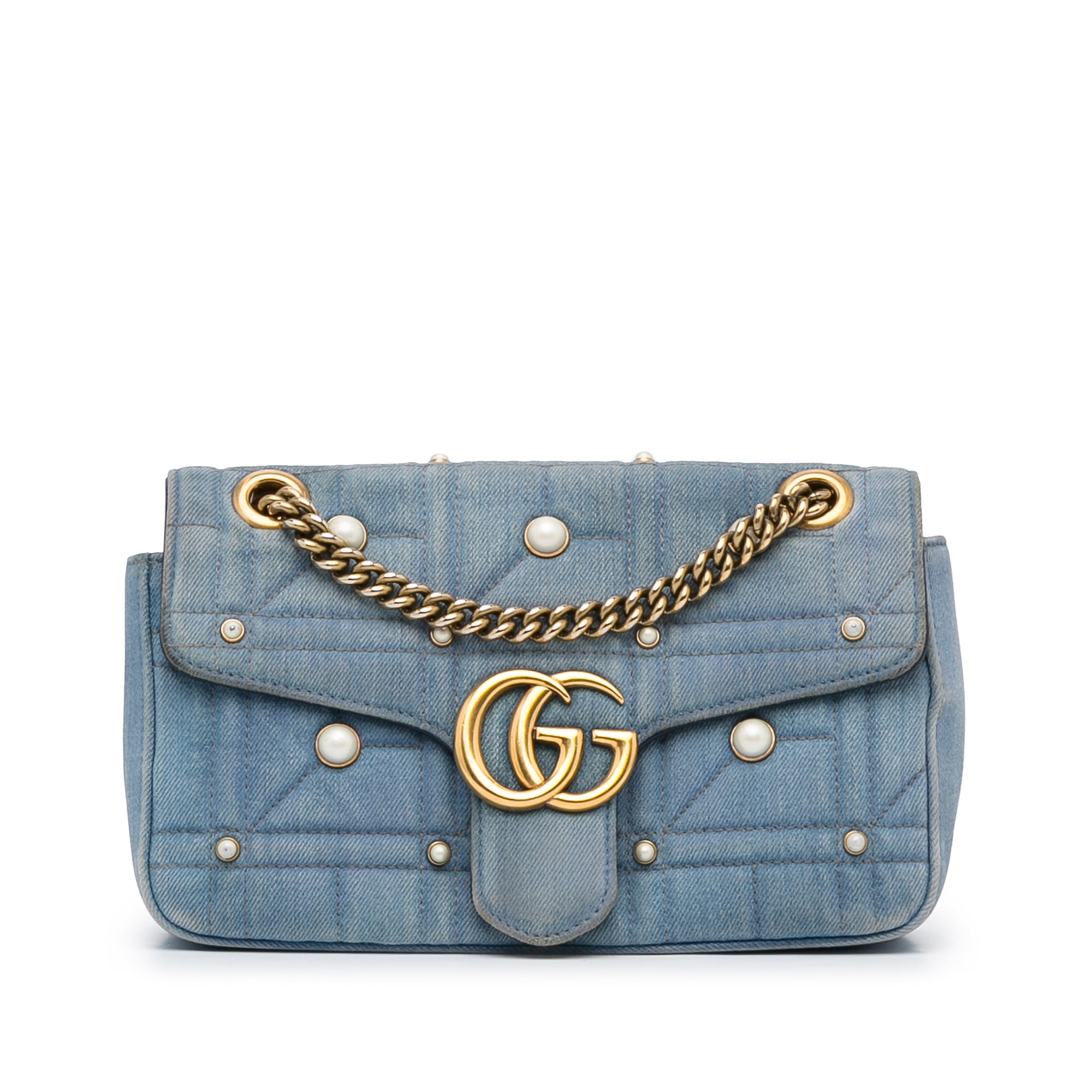 Gucci Gg Marmont 2.0 Imitation Pearl Embellished Denim Crossbody Bag - Blue  | ModeSens