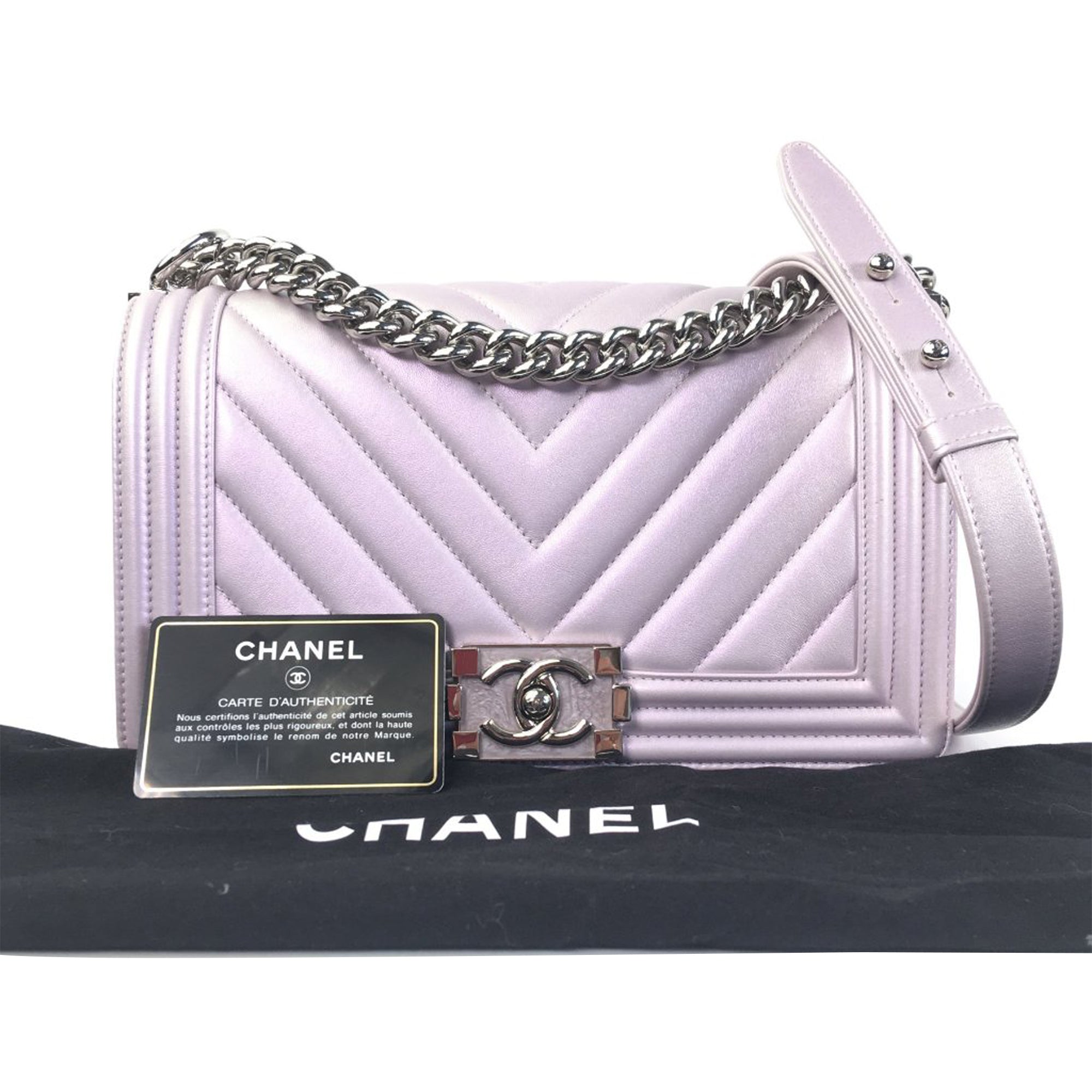 Chanel Medium Boy Flap Metallic Chevron Shoulder Bag Light Purple