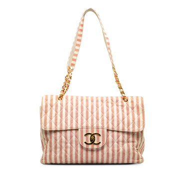 Pink Chanel Striped Linen XXL Travel Flap Bag