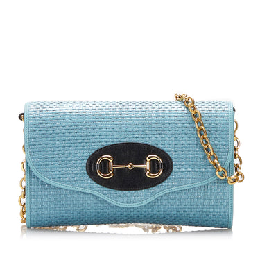 Blue Gucci Horsebit 1955 Raffia Chain Bag - Designer Revival