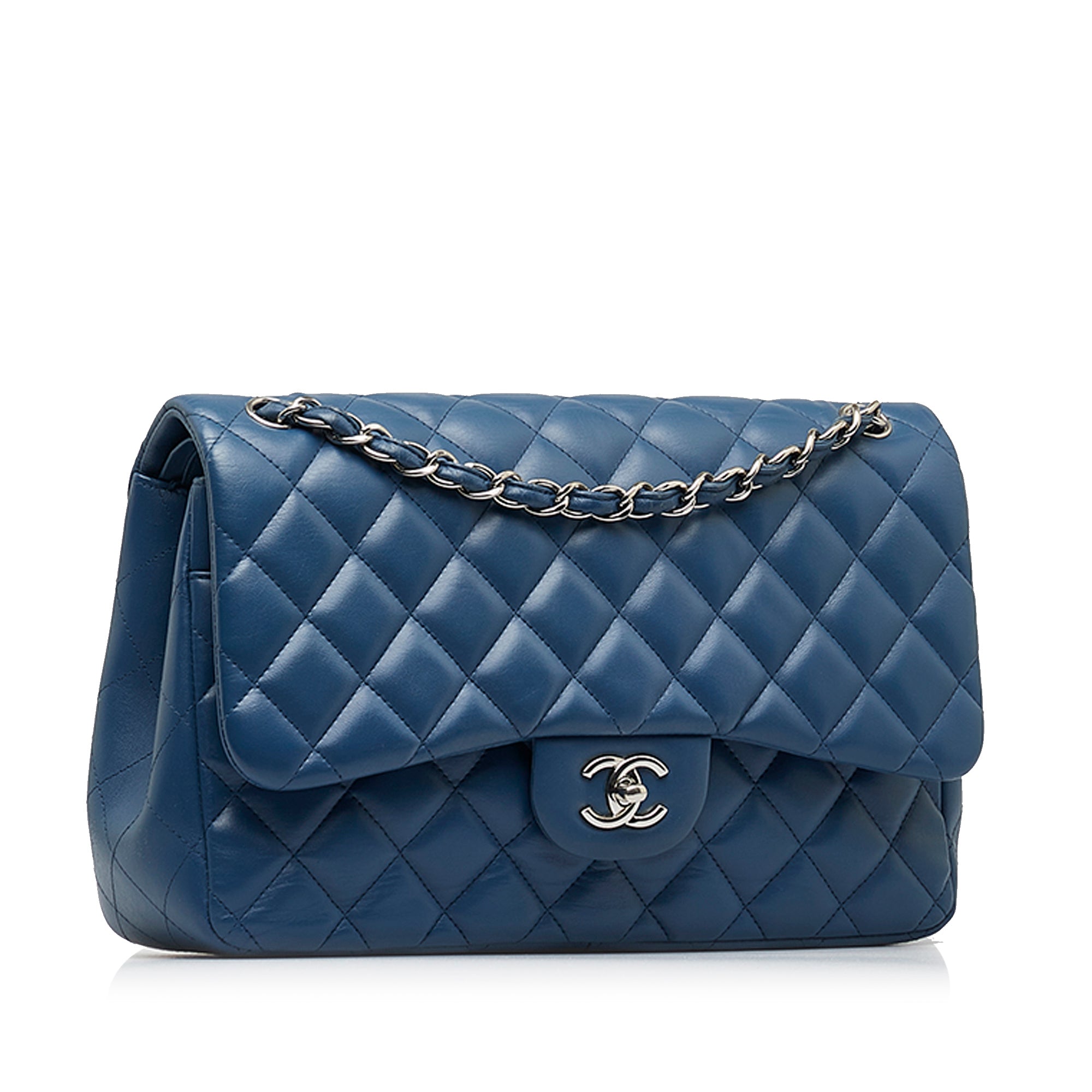 Blue Chanel Jumbo Classic Lambskin Double Flap Shoulder Bag – Designer  Revival