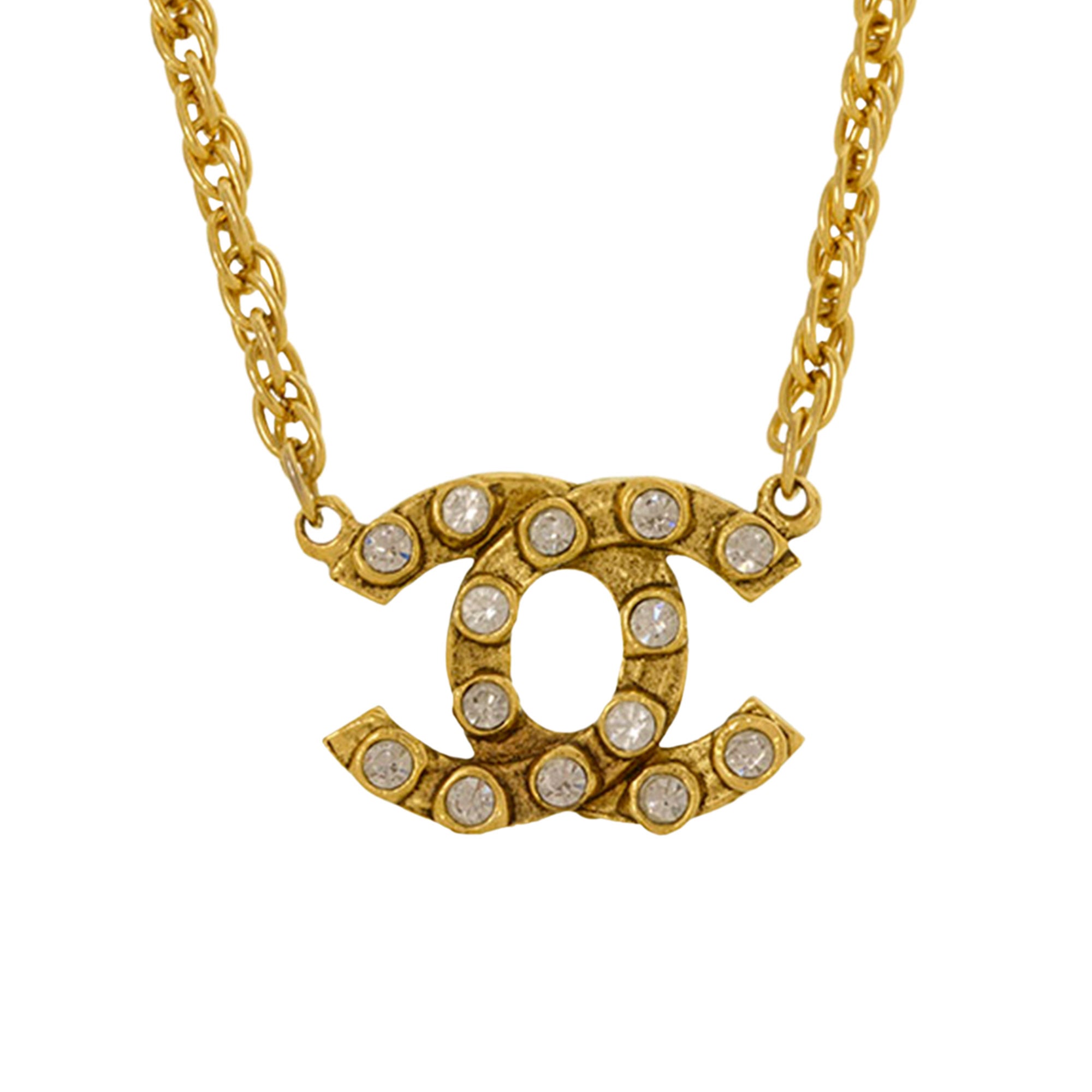 Gold Chanel CC Strass Pendant Necklace