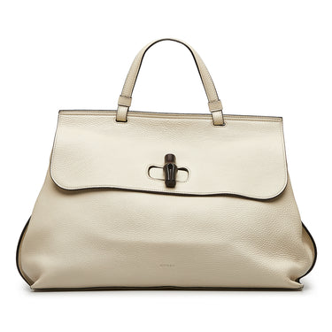 White Gucci Bamboo Daily Satchel - Designer Revival