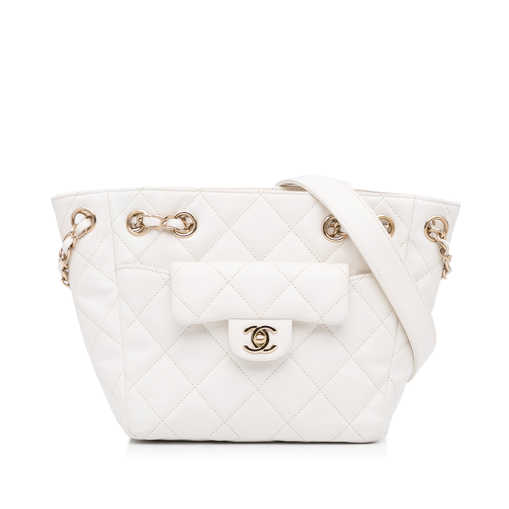 White Chanel CC Caviar Bucket Bag