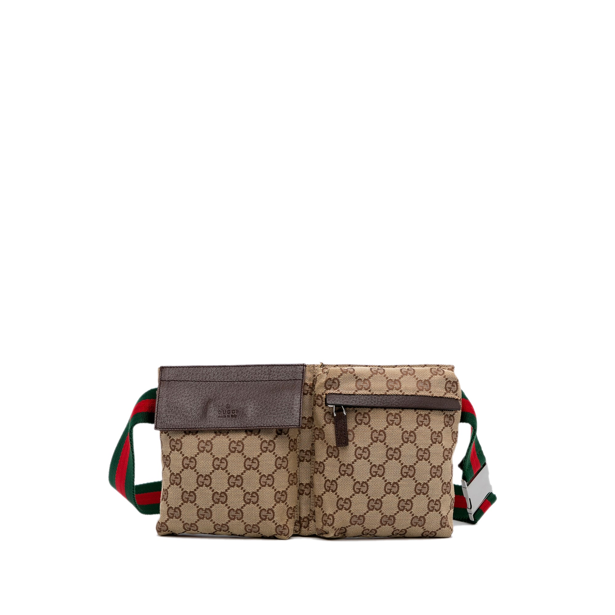 Gucci Belt Monogram Web Double Pocket Brown GG Supreme Canvas Cross Body Bag