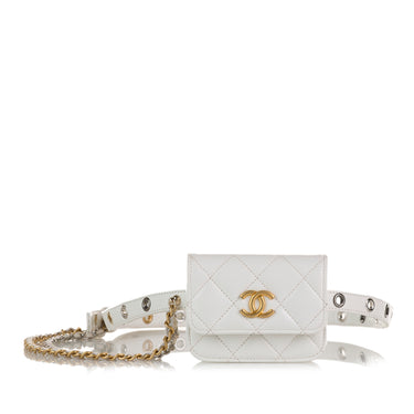 White Chanel Punk Chain Leather Belt Bag - Designer Revival