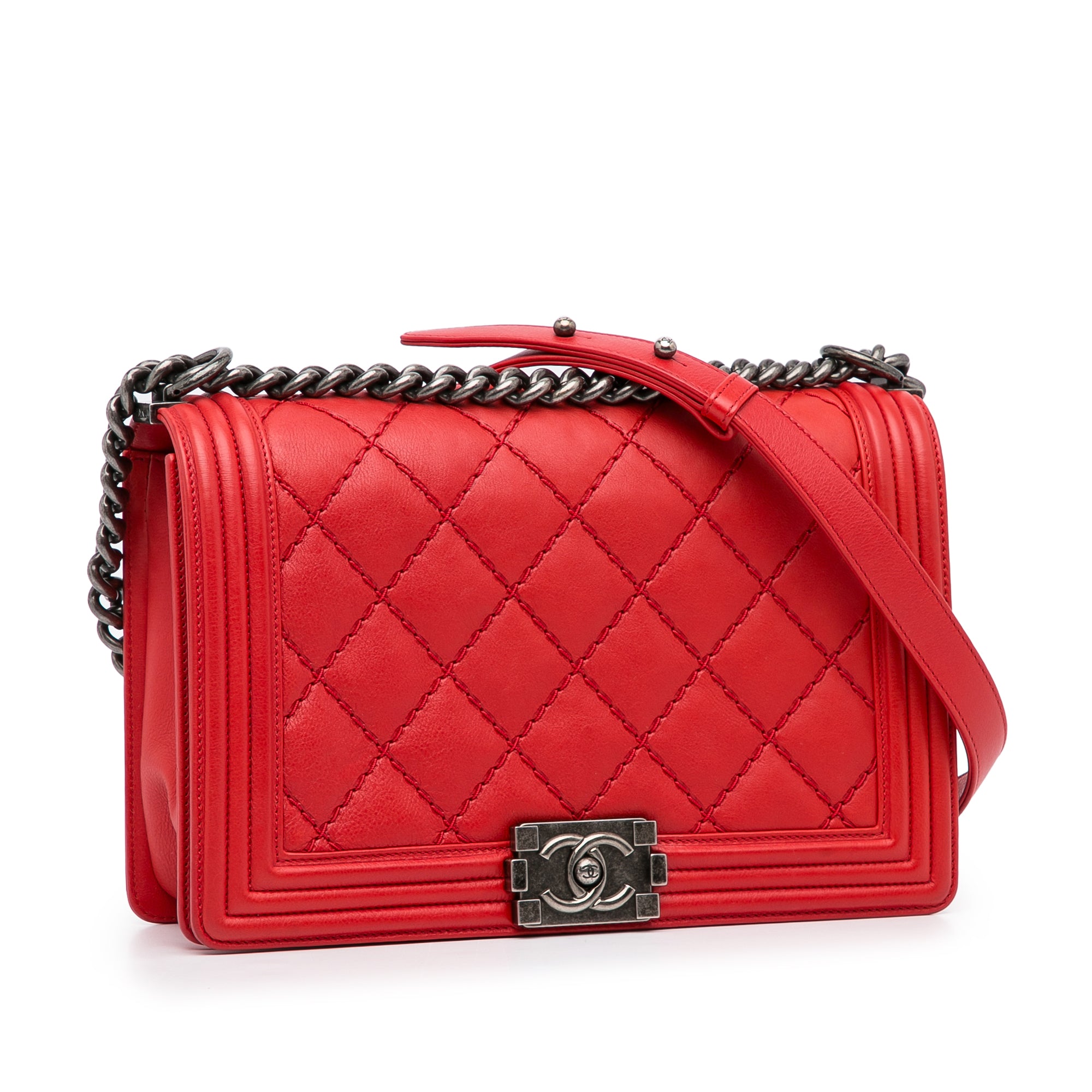 Red Chanel Small Lambskin Double Stitch Boy Flap Shoulder Bag, Cra-wallonieShops Revival