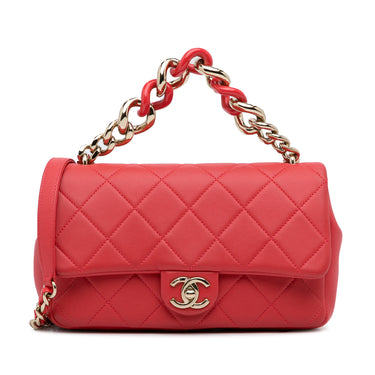 Red Chanel Small Lambskin Elegant Chain Single Flap Satchel - Designer Revival