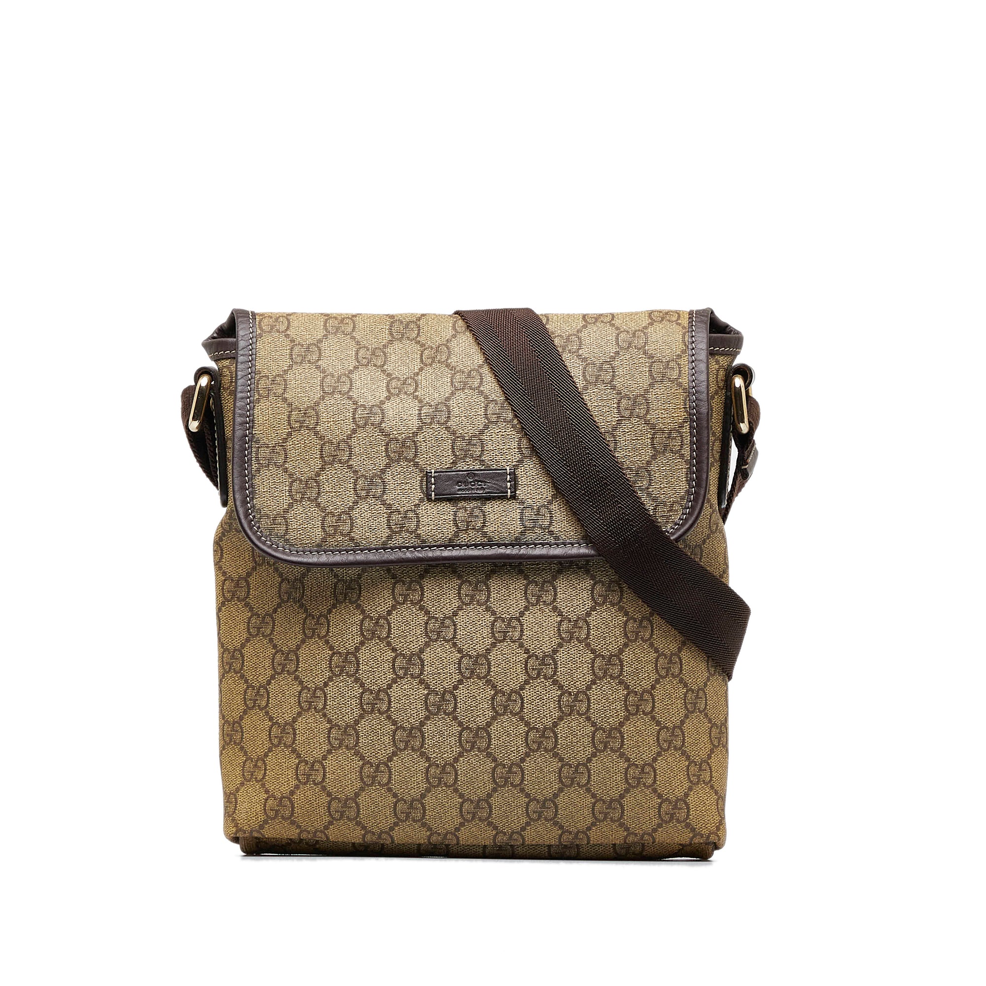Brown Gucci Small GG Supreme Flap Messenger Crossbody Bag