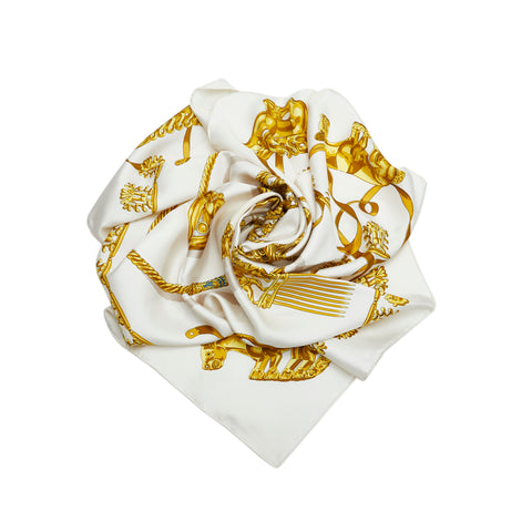 White Hermes Les Cavaliers d'Or Silk Scarf Scarves