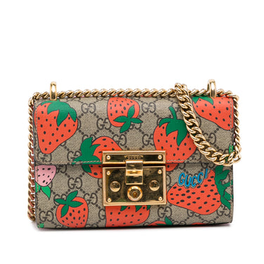 Brown Gucci GG Supreme Strawberry Padlock Crossbody Bag - Designer Revival