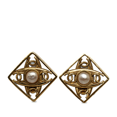 Gold Chanel CC Faux Pearl Clip On Earrings - Designer Revival