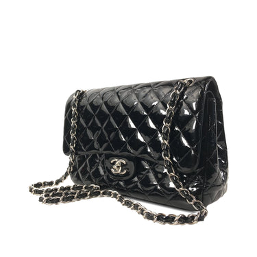 Black Chanel Jumbo Classic Patent Double Flap Shoulder Bag - Designer Revival