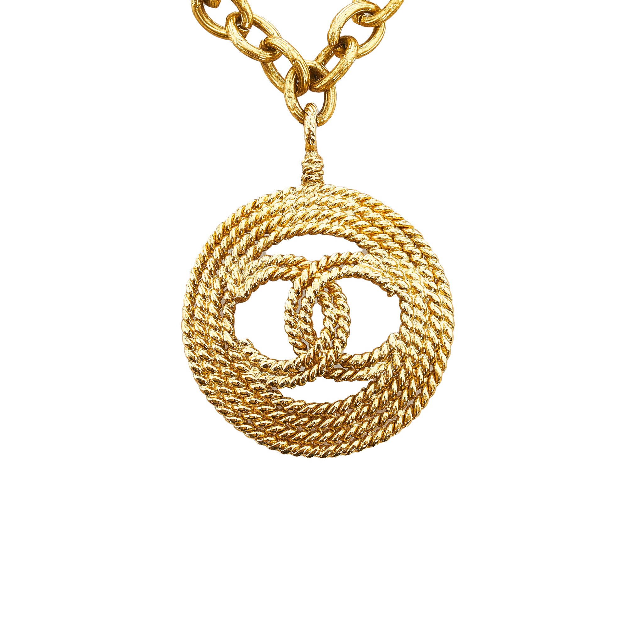 CHANEL Vintage Necklace Gold Plated Metal CC Logo Circle Pendant Coco with  Box