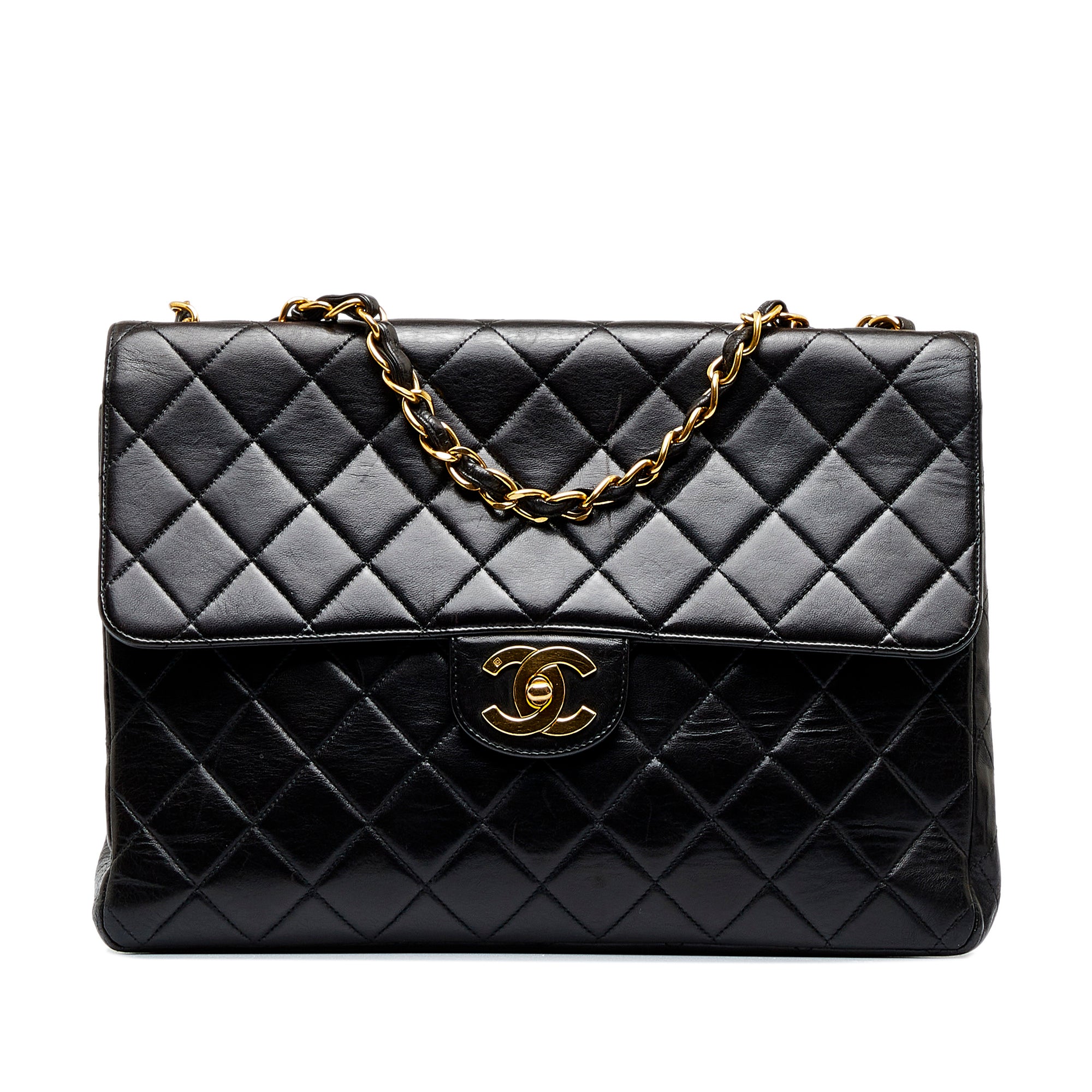 Chanel Classic Large 13 Flap Chain Shoulder Bag Black Lambskin j71