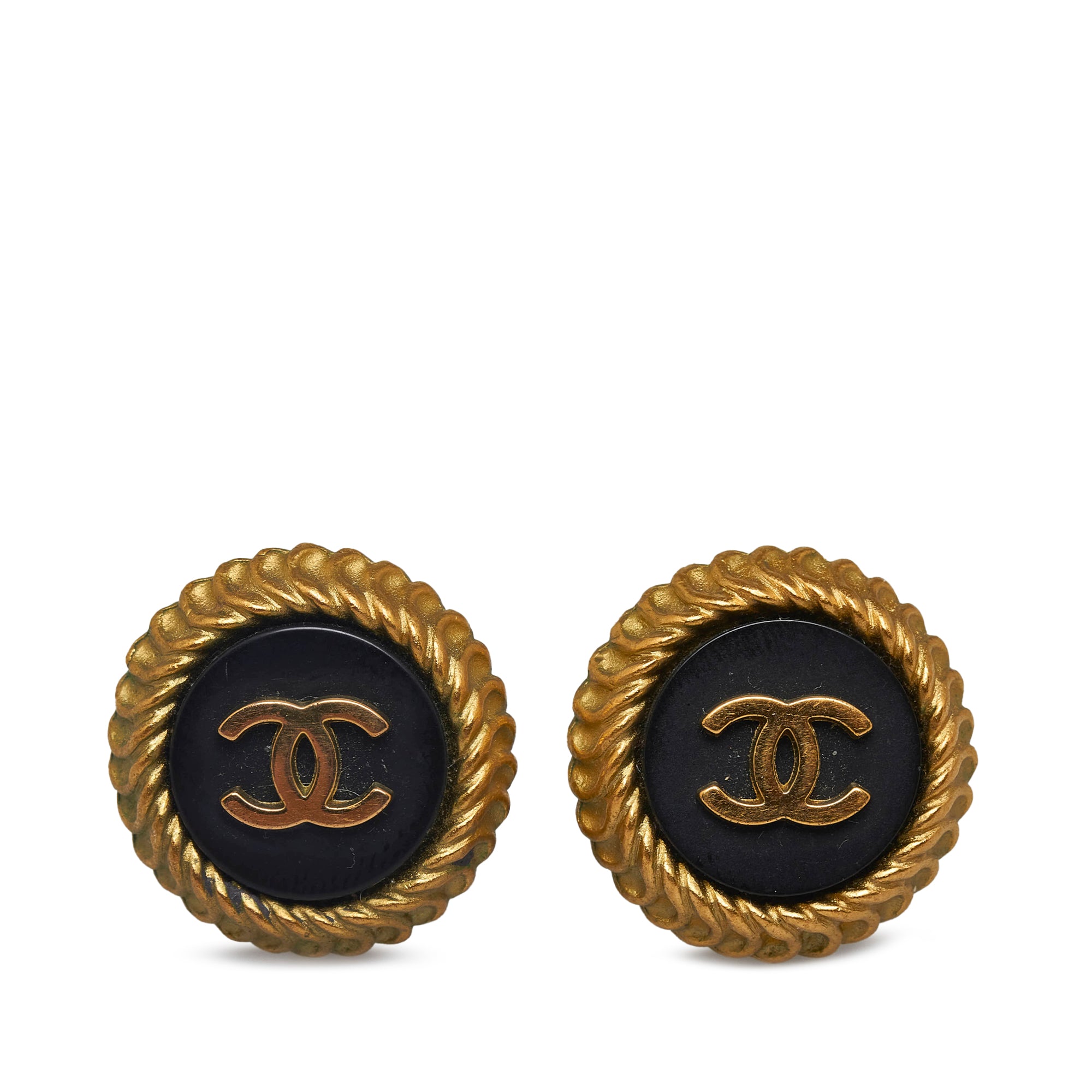 Vintage Chanel Black and Gold Round Earrings with CC Logo
