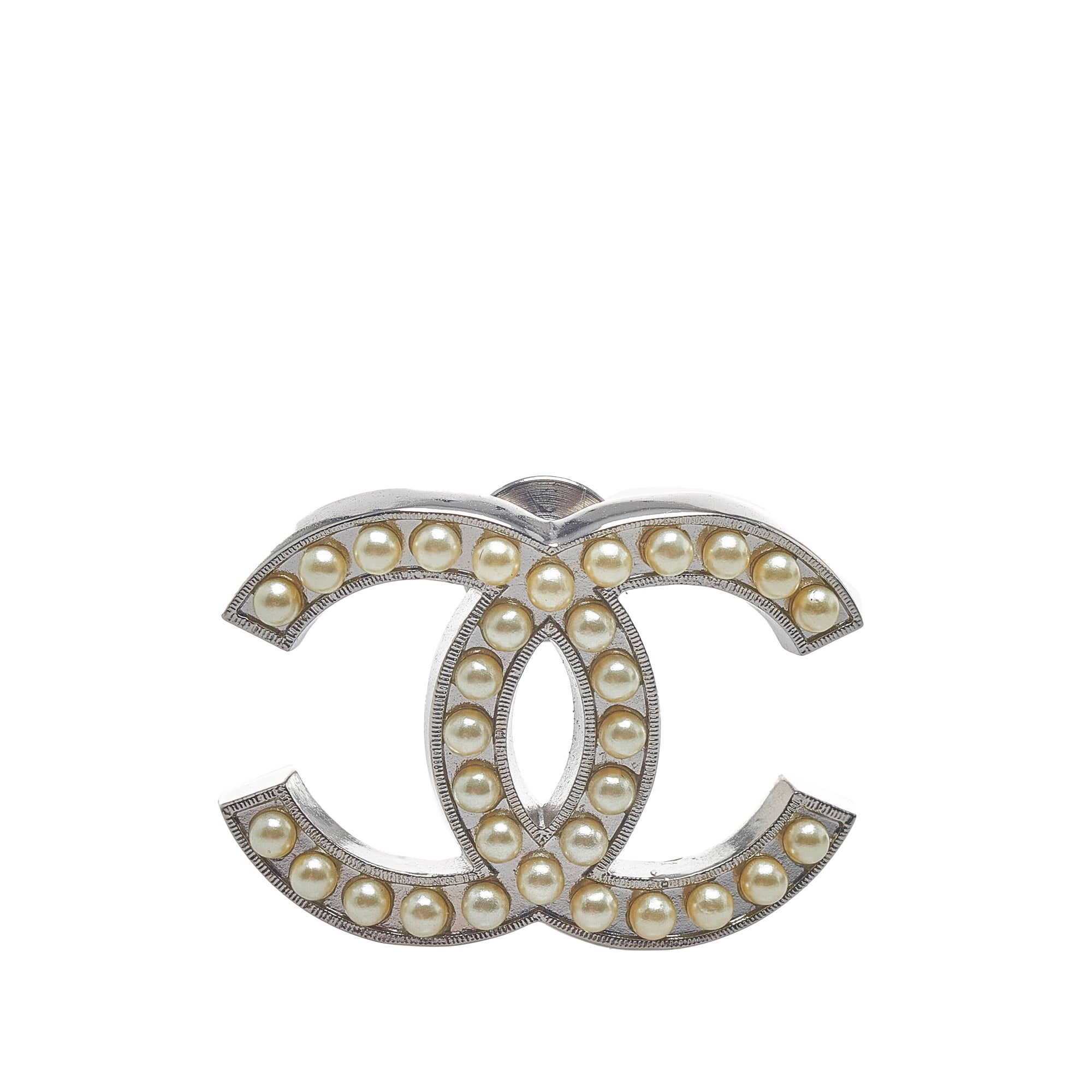 Silver Chanel CC Faux Pearl Brooch Designer Revival