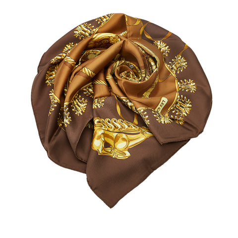 Brown Hermes Les Cavaliers d'Or Silk Scarf Scarves