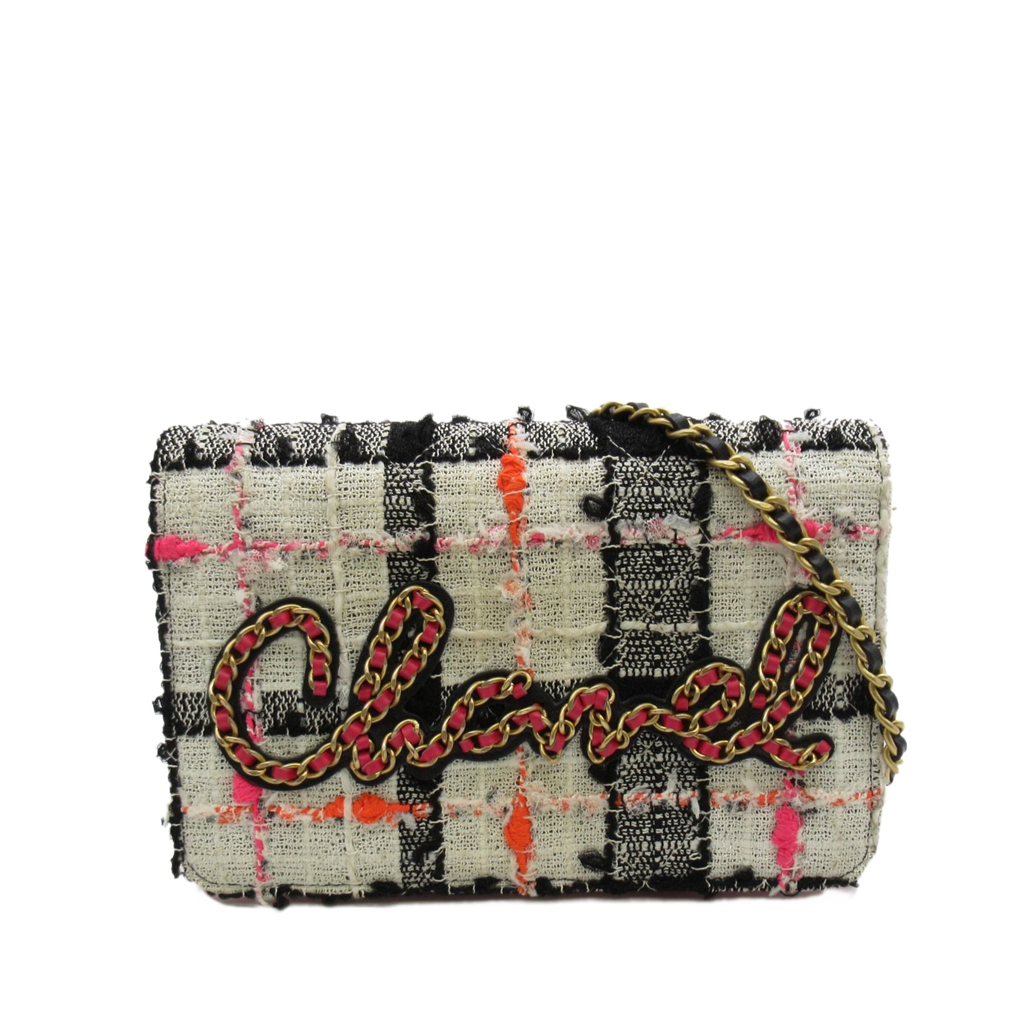 White Chanel Tweed Logo Wallet on Chain Crossbody Bag