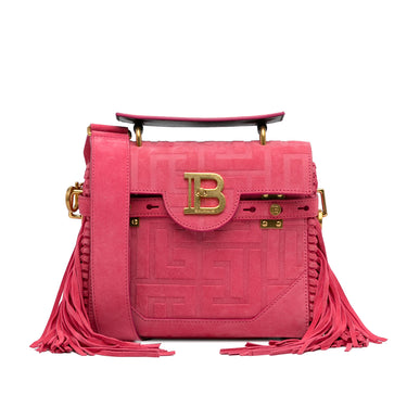 Pink Balmain Fringed Embossed Suede B-Buzz 23 Handle Bag Satchel - Designer Revival
