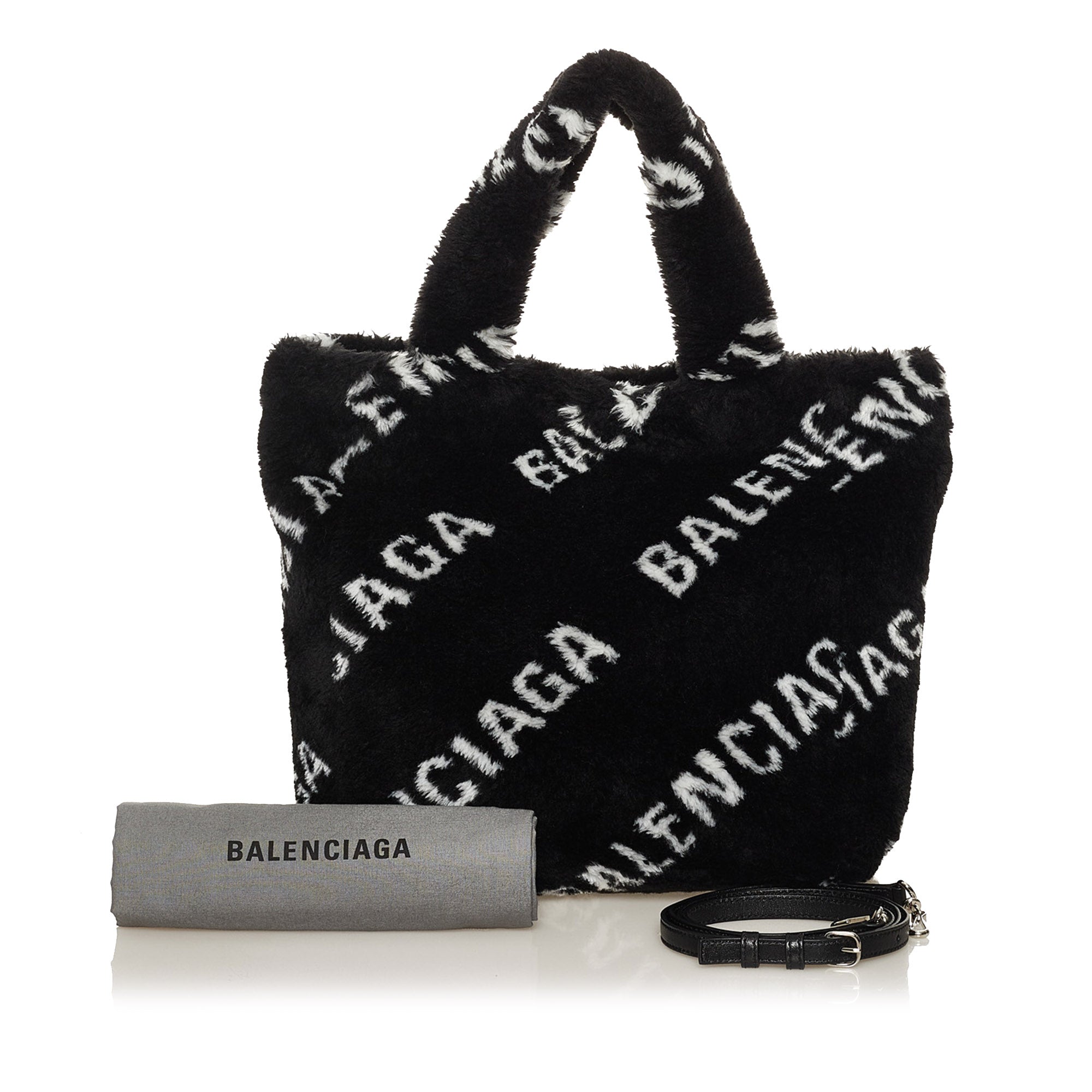 Black Balenciaga Logo Faux Fur Everyday XS Tote Bag