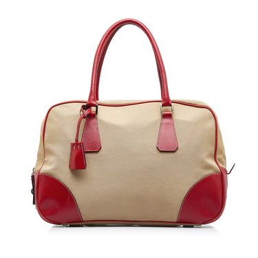Beige & Red Prada Canapa Bauletto Handbag