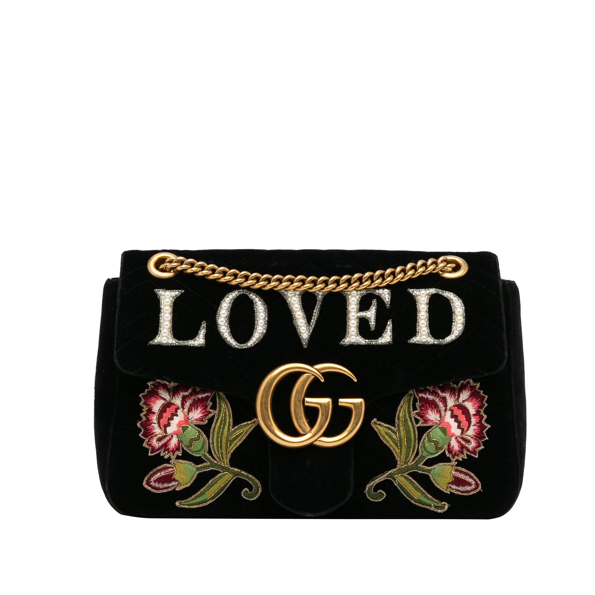 GUCCI Velvet Matelasse Crystal Embroidered Small GG Marmont Shoulder Bag -  Black