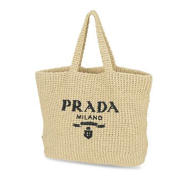 Beige Prada Raffia Logo Tote Bag - Designer Revival