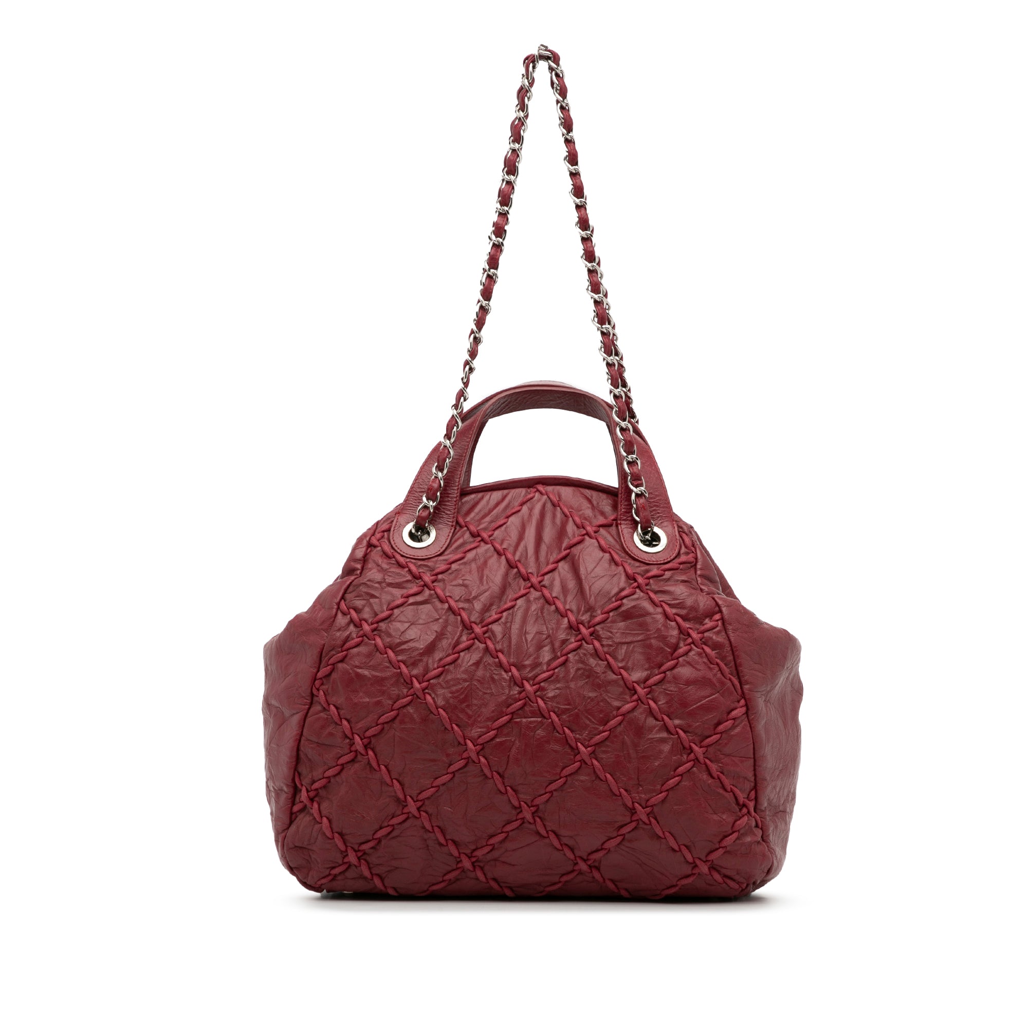 CHANEL Patent Quilted Small Just Mademoiselle Bowling Bag Red 143319