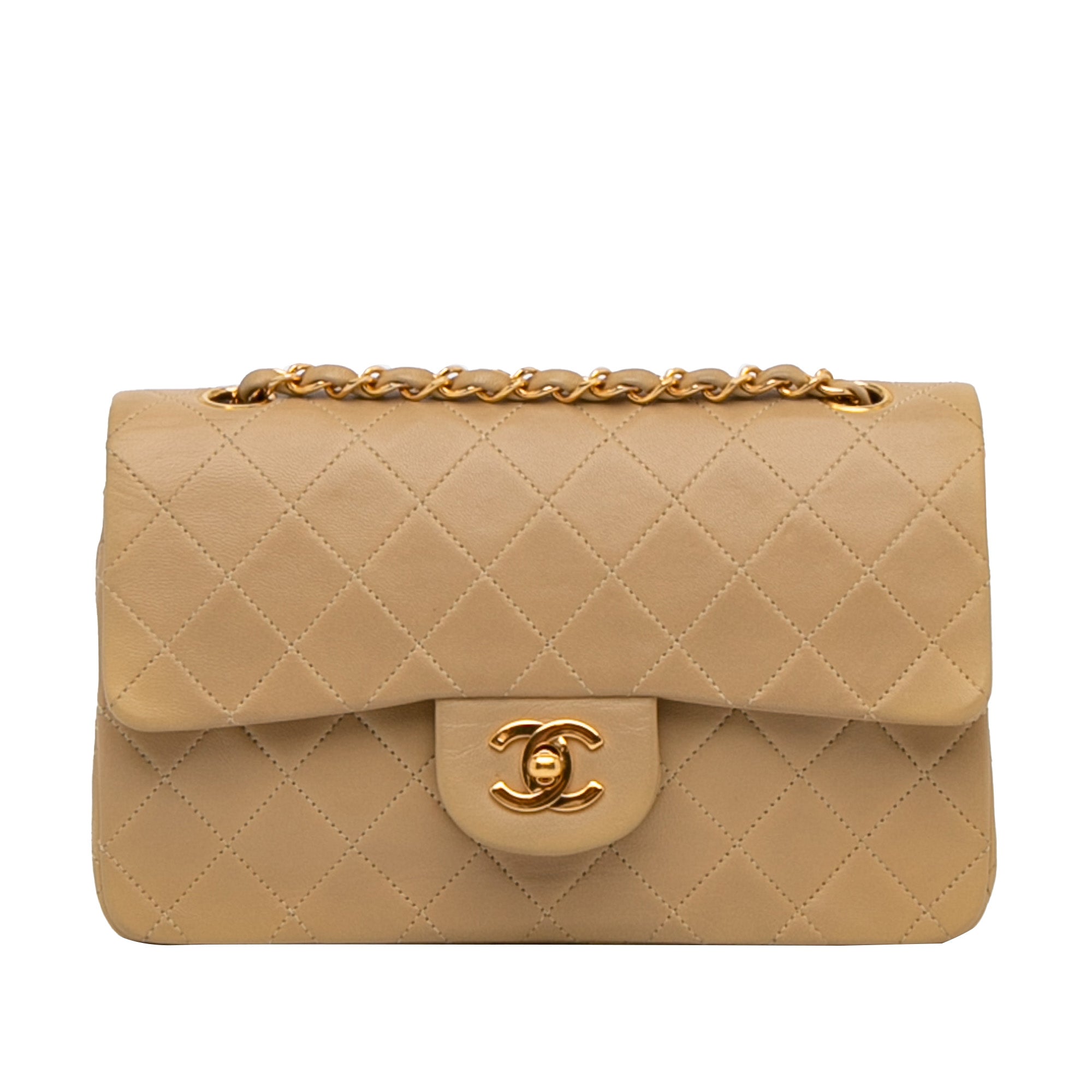 Pre-owned Chanel Beige Leather Small Classic Double Flap Shoulder Bag