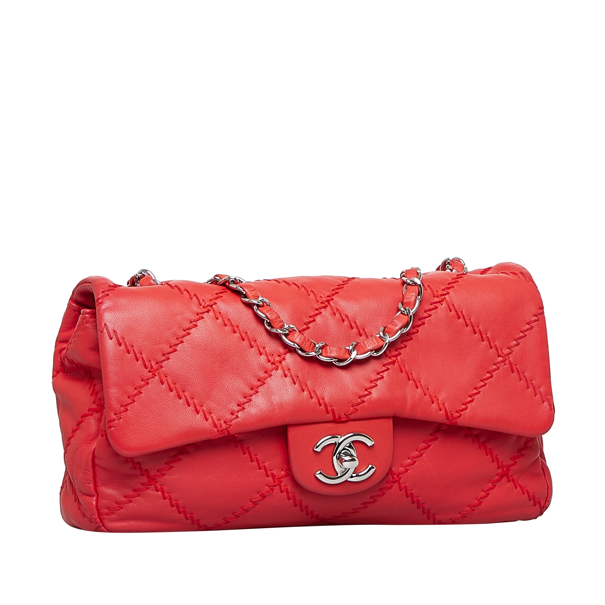 chanel pre owned studded cc ring item, Red Chanel Wild Stitch Single Flap  Bag