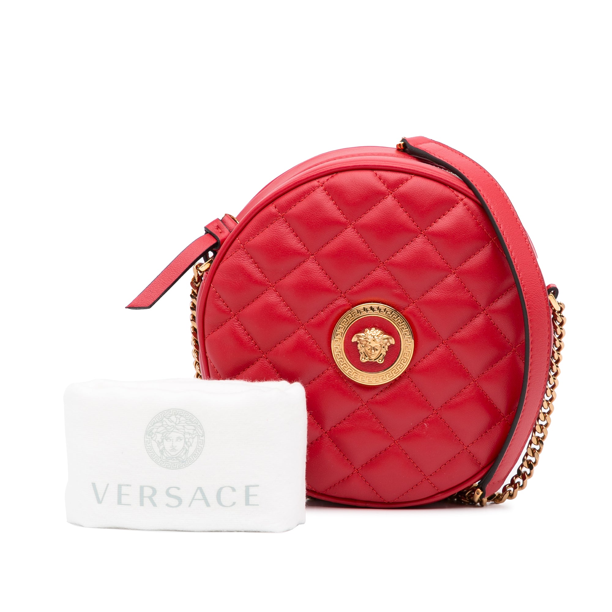Red Versace Quilted Round La Medusa Camera Bag