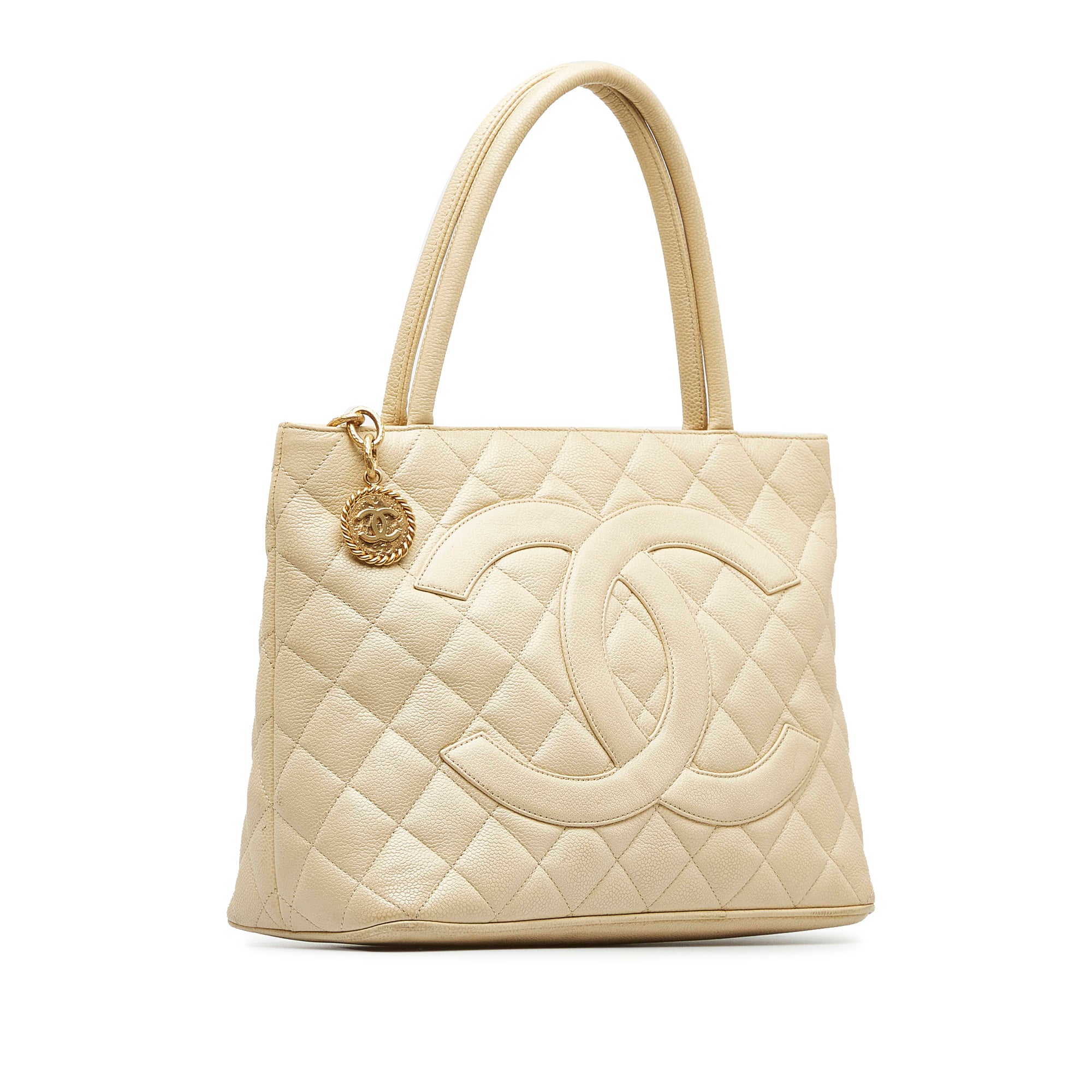 Chanel Quilted Beige Caviar Leather Medallion Tote Bag 90cc89s